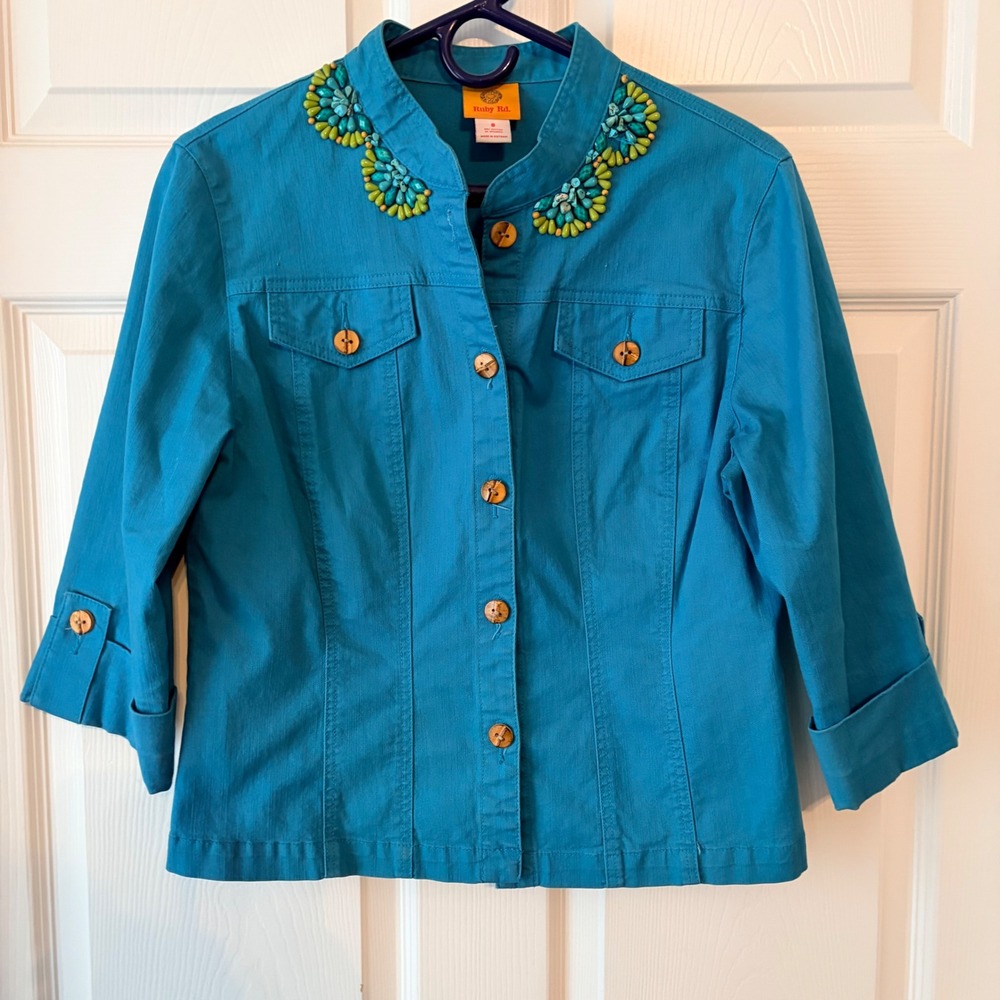 Ruby Rd Turquoise Beaded Collar‎ Button Front Jacket Womens Size 8 Blue Cotton